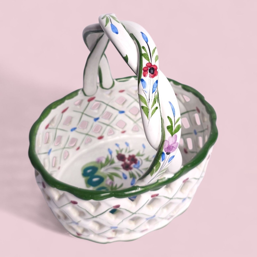 RCCL Hand Painted Floral Ceramic Oval Basket VTG  Braided Hand Made in Portugal